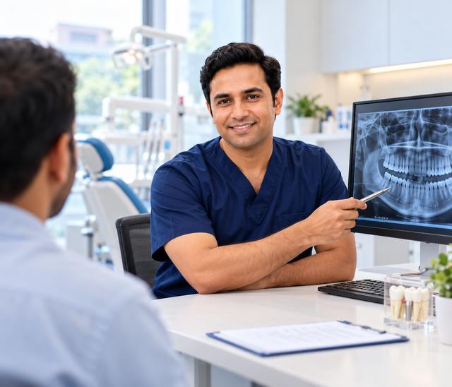 Dr. Yadav explaining a dental scan to a patient
