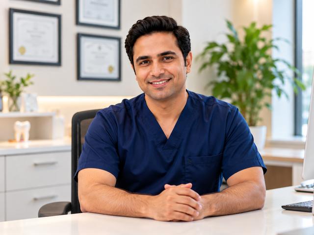 Dr. Shashank S. Yadav seated at his desk in the clinic