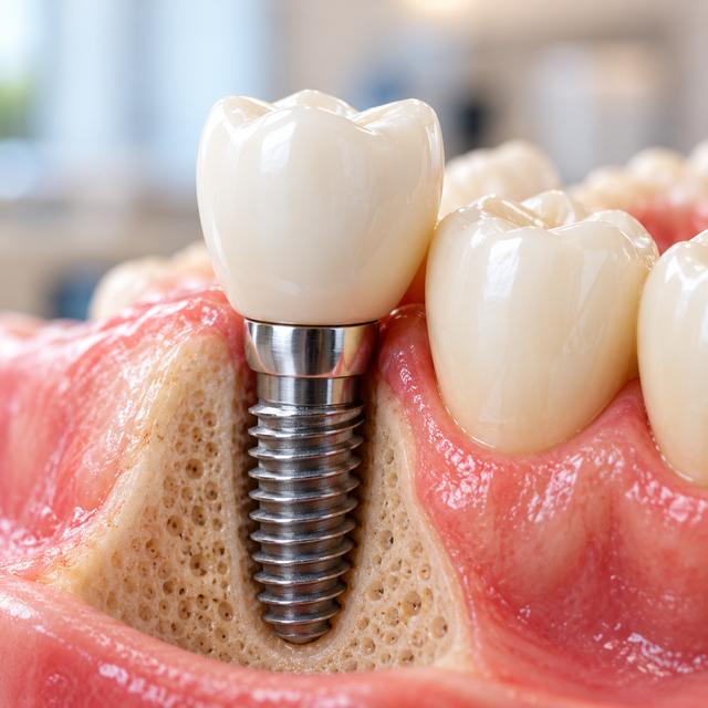 Cross-section of a dental implant in the jaw with a natural-looking crown